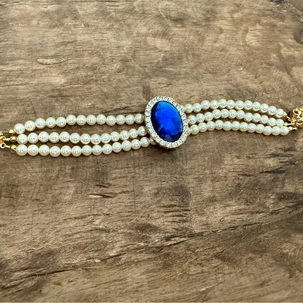 Large Multi Strand Faux Pearl and Blue Stone Costume Fashion Bracelet